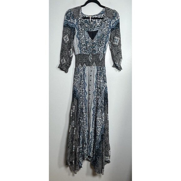FREE PEOPLE Mexicali Rose Smocked Waist Maxi Dress Blue Size XS Boho Bohemian - Picture 2 of 16